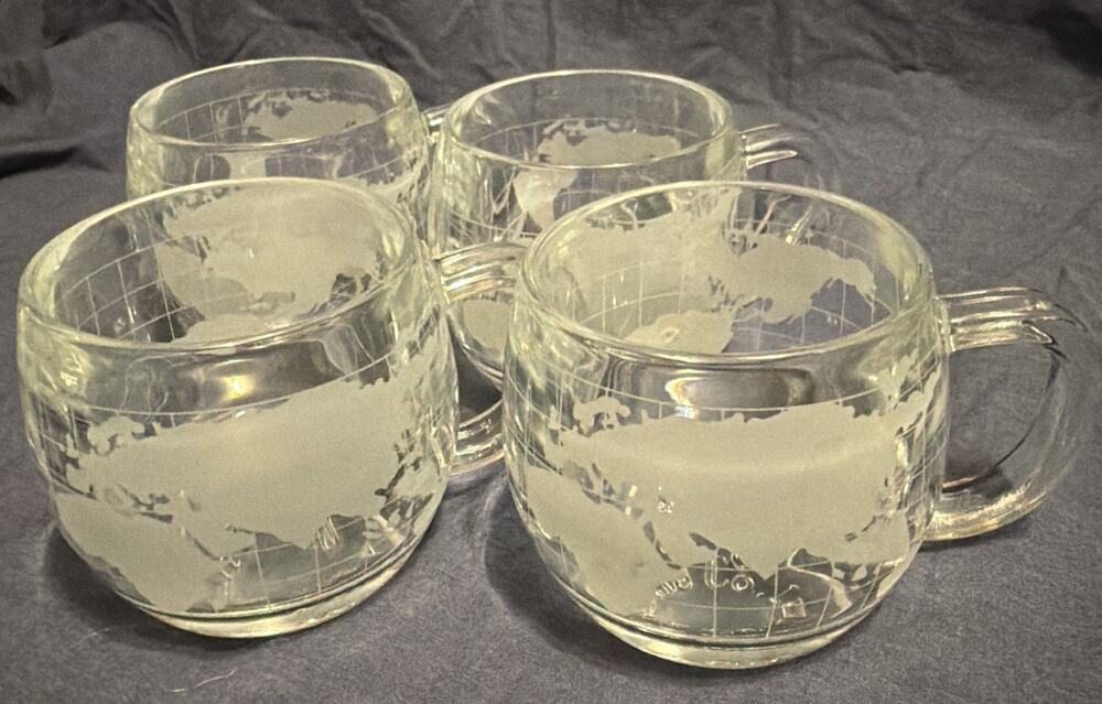 Set of 4 Nestle Nescafé Globe Mugs Etched World Map Coffee Tea Vintage 1970s Lot
